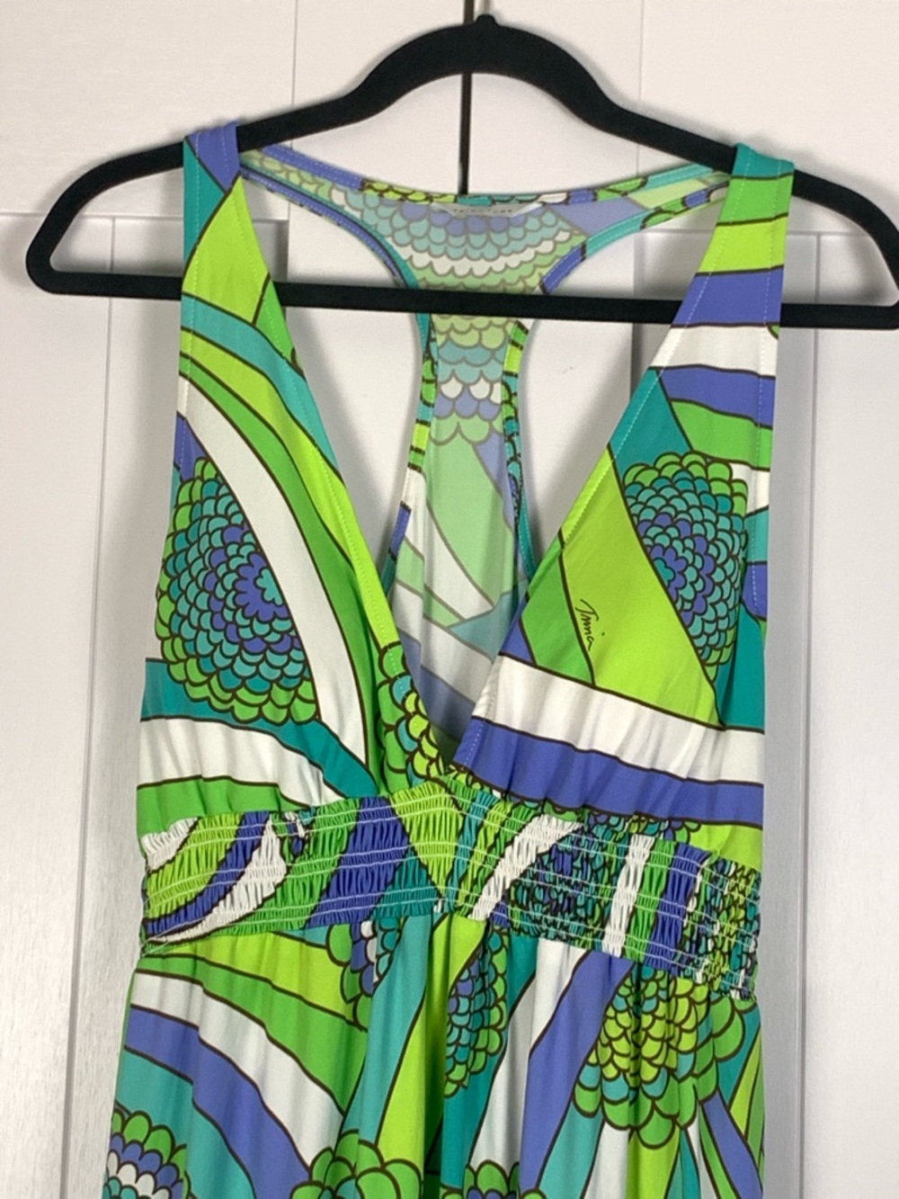 Trina Turk Maxi Dress L Racerback Plunging V Smocked Empire Resort Cover Up - Picture 4 of 16